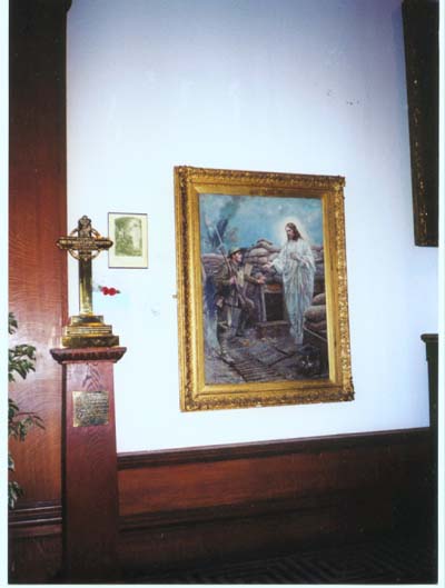 pic at Shipley Art Gallery Gateshead showing the D.L.I. Cross, Roland's signed 'Abide with me' card and the second oil on canvas 'Abide with me'