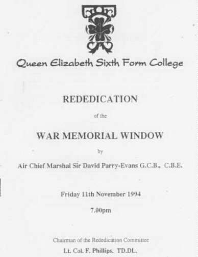Pic of Front Cover of Memorial Ceremony held November 11th 1994 at Q E Sixth Form College Darlington