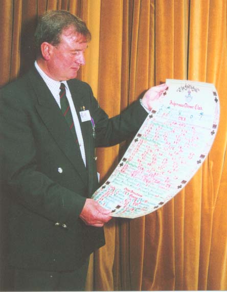 pic of Bill Hall, Committee Member of The Faithful Inkerman Dinner Club, holding up the Time Capsule Scroll