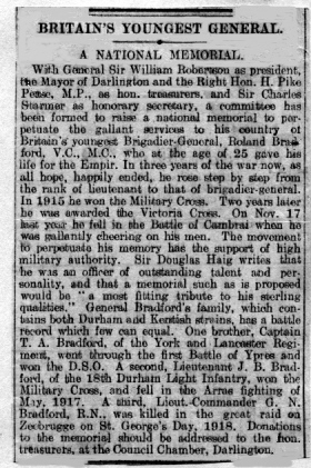 newspaper article about National Memorial Fund for Roland Bradford