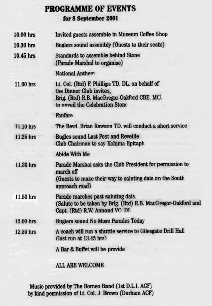 Programme of Events for 8th September 2001